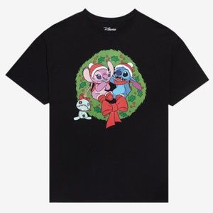 Disney Stitch & Angel Christmas Holiday Wreath Boyfriend Fit T-Shirt